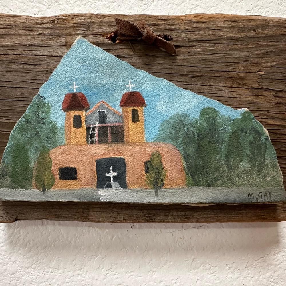 Vintage Church Scene on Reclaimed Wood